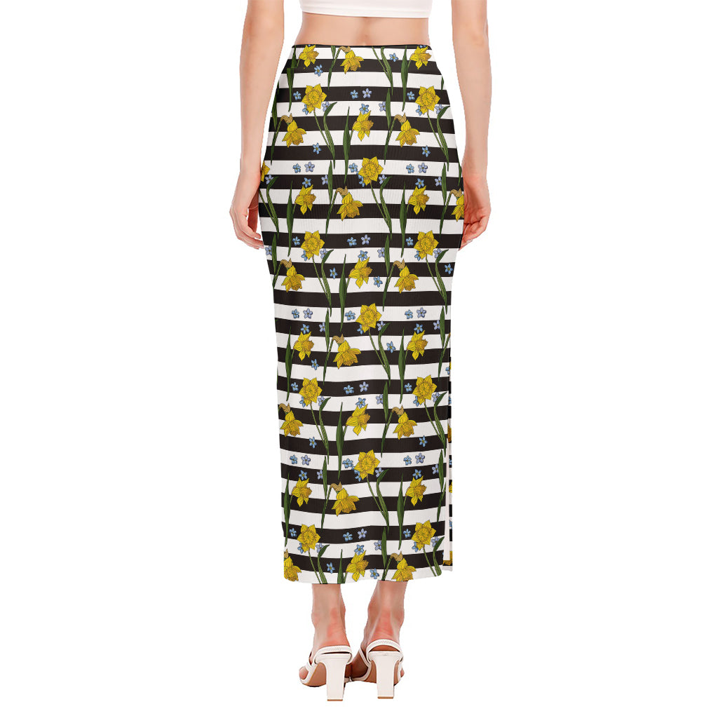 Yellow Daffodil Striped Pattern Print Side Slit Maxi Skirt