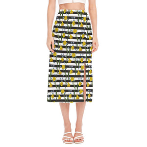 Yellow Daffodil Striped Pattern Print Side Slit Midi Skirt