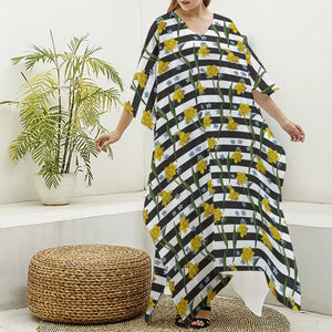 Yellow Daffodil Striped Pattern Print Silk V-Neck Kaftan Dress