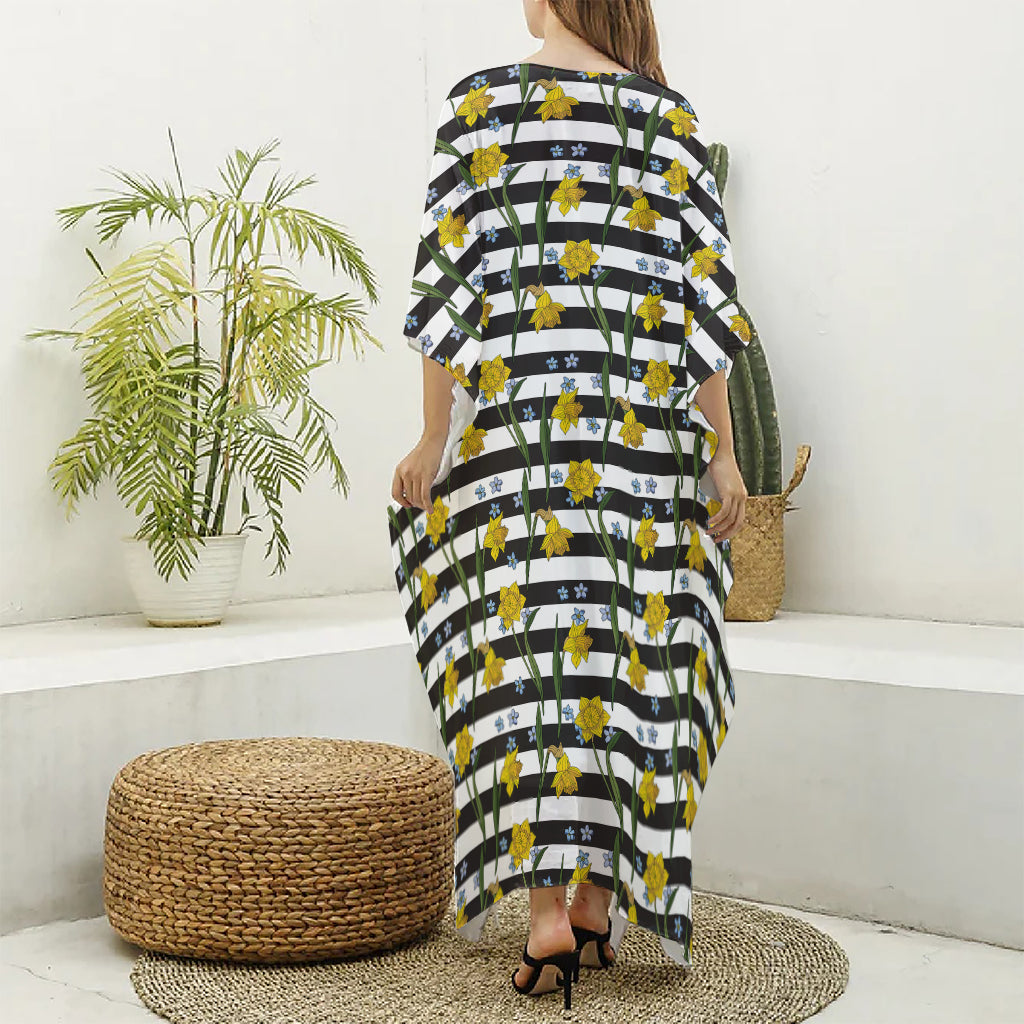 Yellow Daffodil Striped Pattern Print Silk V-Neck Kaftan Dress