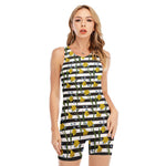 Yellow Daffodil Striped Pattern Print Sleeveless One Piece Swimsuit