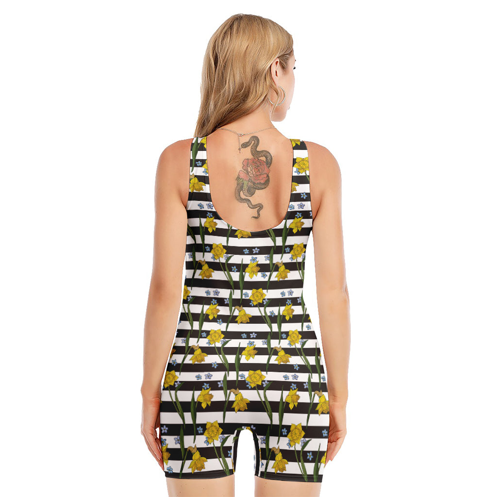 Yellow Daffodil Striped Pattern Print Sleeveless One Piece Swimsuit