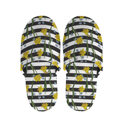 Yellow Daffodil Striped Pattern Print Slippers