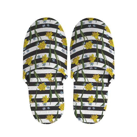 Yellow Daffodil Striped Pattern Print Slippers
