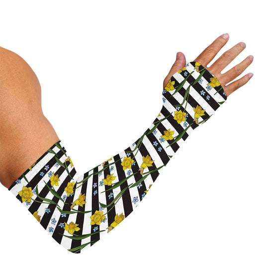 Yellow Daffodil Striped Pattern Print Sun Protection Arm Sleeves