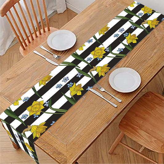 Yellow Daffodil Striped Pattern Print Table Runner
