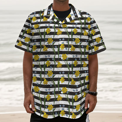 Yellow Daffodil Striped Pattern Print Textured Short Sleeve Shirt