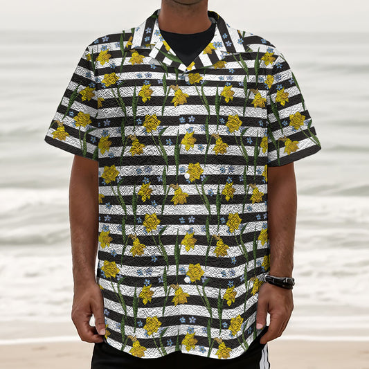 Yellow Daffodil Striped Pattern Print Textured Short Sleeve Shirt
