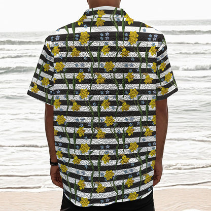 Yellow Daffodil Striped Pattern Print Textured Short Sleeve Shirt