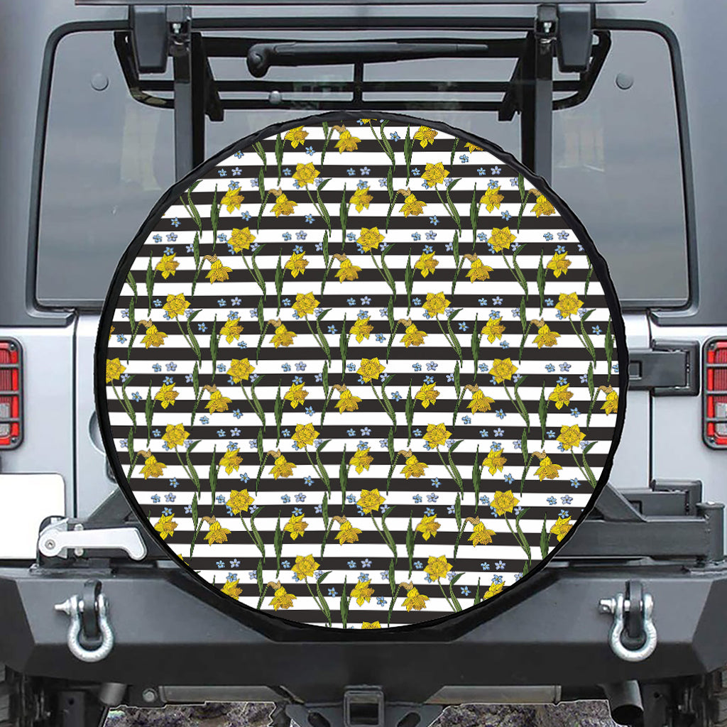 Yellow Daffodil Striped Pattern Print Tire Cover