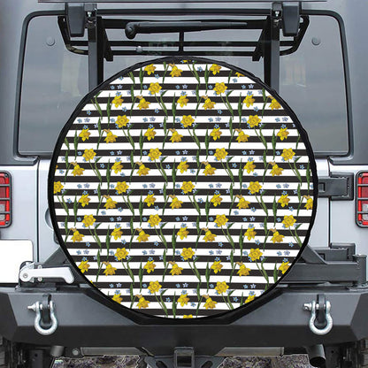 Yellow Daffodil Striped Pattern Print Tire Cover