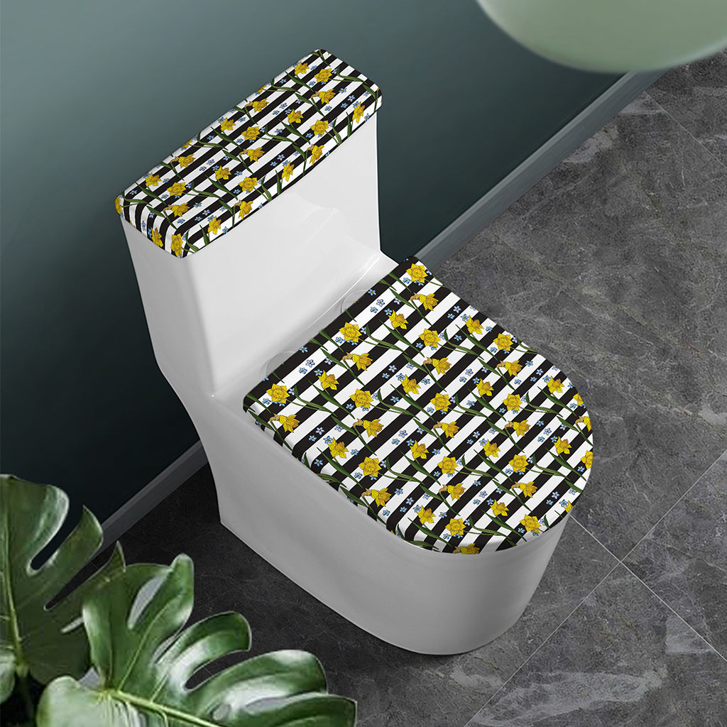 Yellow Daffodil Striped Pattern Print Toilet Lid And Tank Cover Set