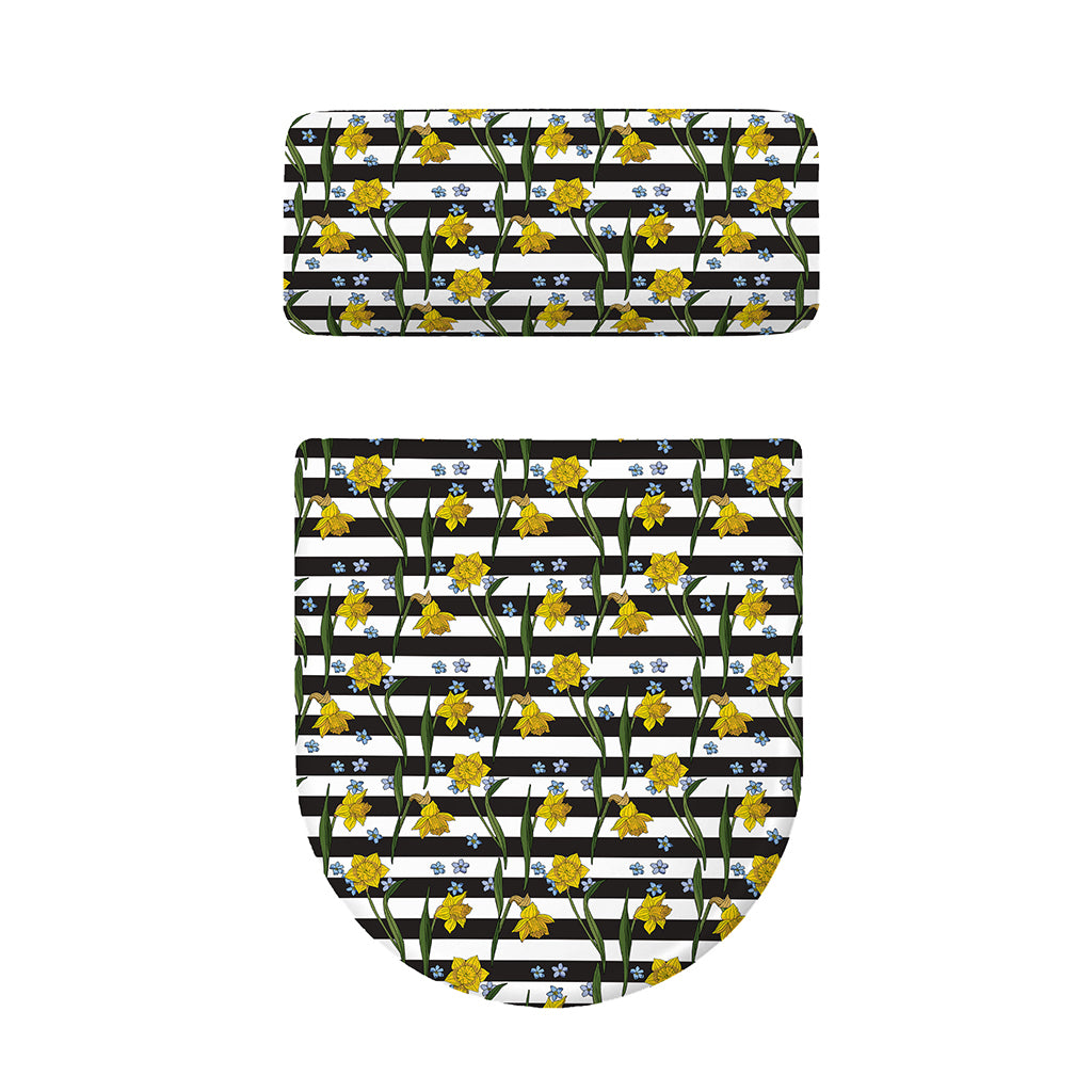 Yellow Daffodil Striped Pattern Print Toilet Lid And Tank Cover Set