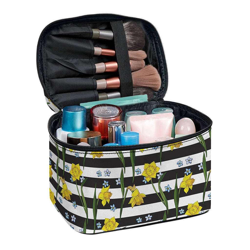 Yellow Daffodil Striped Pattern Print Travel Makeup Bag