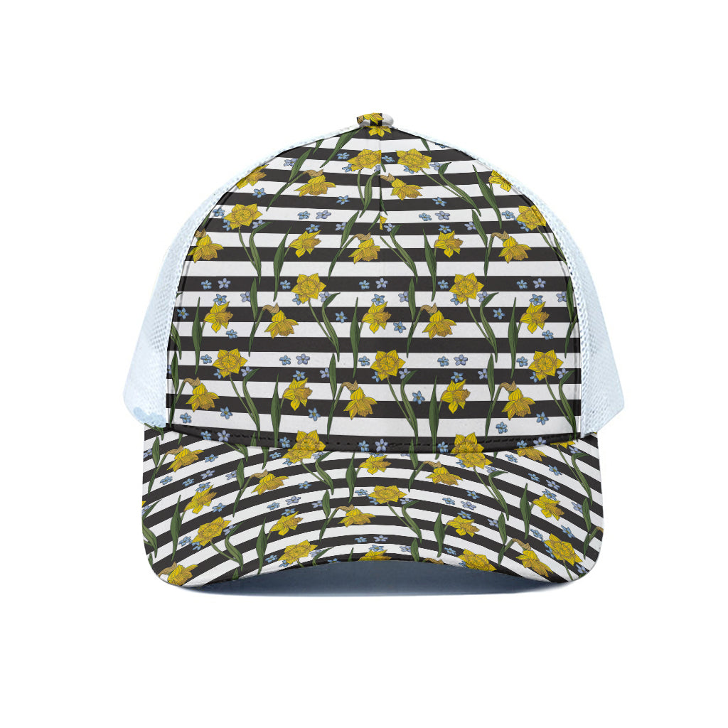 Yellow Daffodil Striped Pattern Print White Mesh Trucker Cap