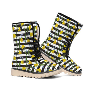 Yellow Daffodil Striped Pattern Print Winter Boots
