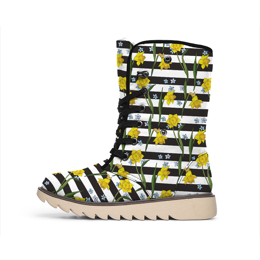 Yellow Daffodil Striped Pattern Print Winter Boots