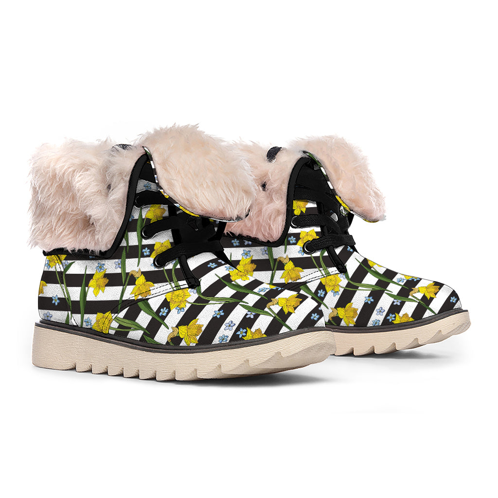 Yellow Daffodil Striped Pattern Print Winter Boots