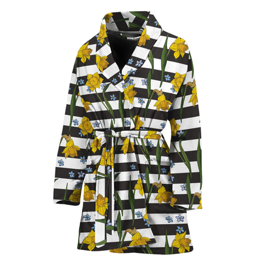 Yellow Daffodil Striped Pattern Print Women's Bathrobe