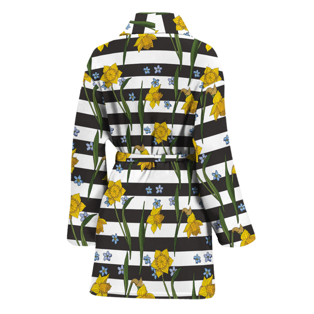 Yellow Daffodil Striped Pattern Print Women's Bathrobe