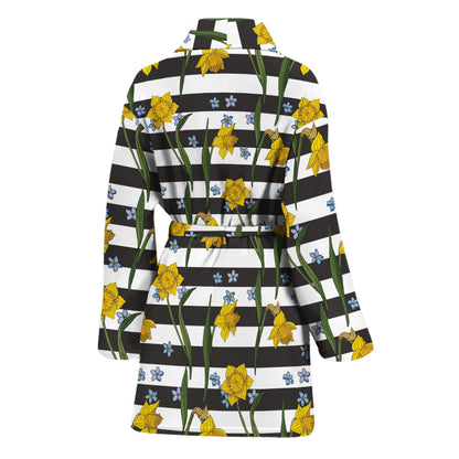Yellow Daffodil Striped Pattern Print Women's Bathrobe