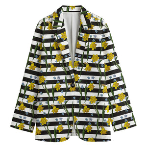 Yellow Daffodil Striped Pattern Print Women's Blazer