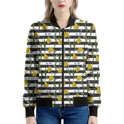 Yellow Daffodil Striped Pattern Print Women's Bomber Jacket