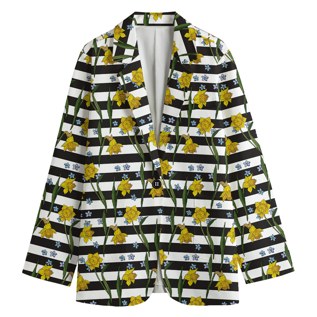 Yellow Daffodil Striped Pattern Print Women's Cotton Blazer