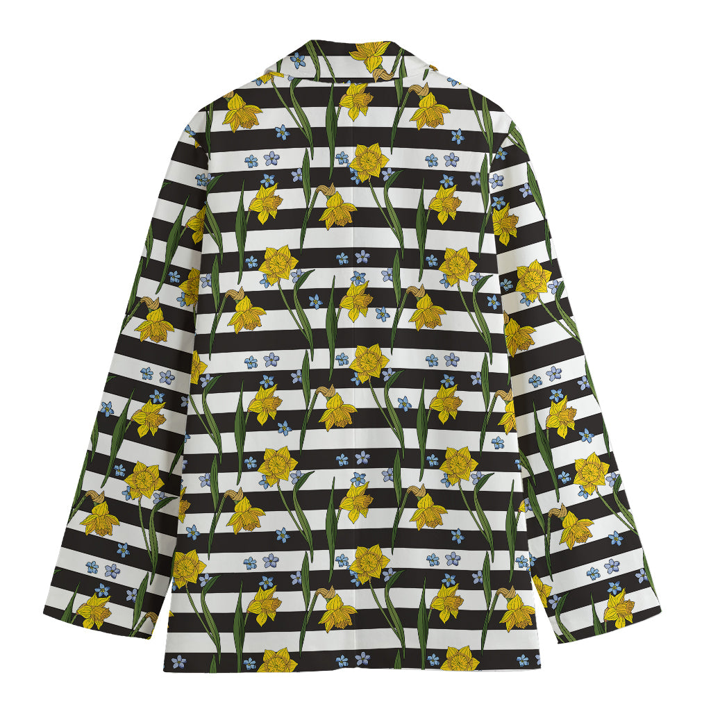 Yellow Daffodil Striped Pattern Print Women's Cotton Blazer