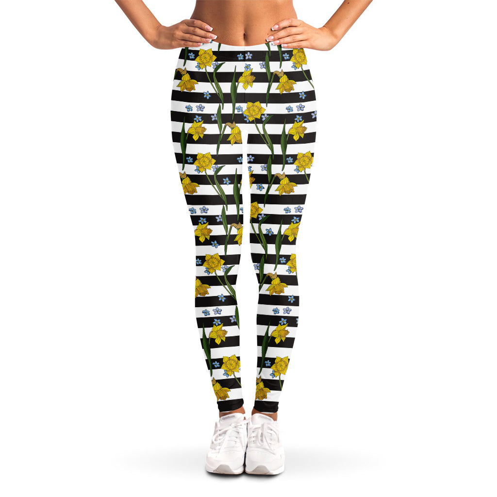 Yellow Daffodil Striped Pattern Print Women's Leggings