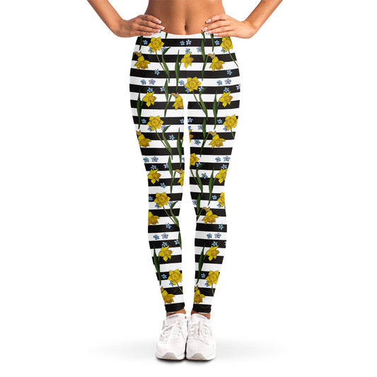 Yellow Daffodil Striped Pattern Print Women's Leggings