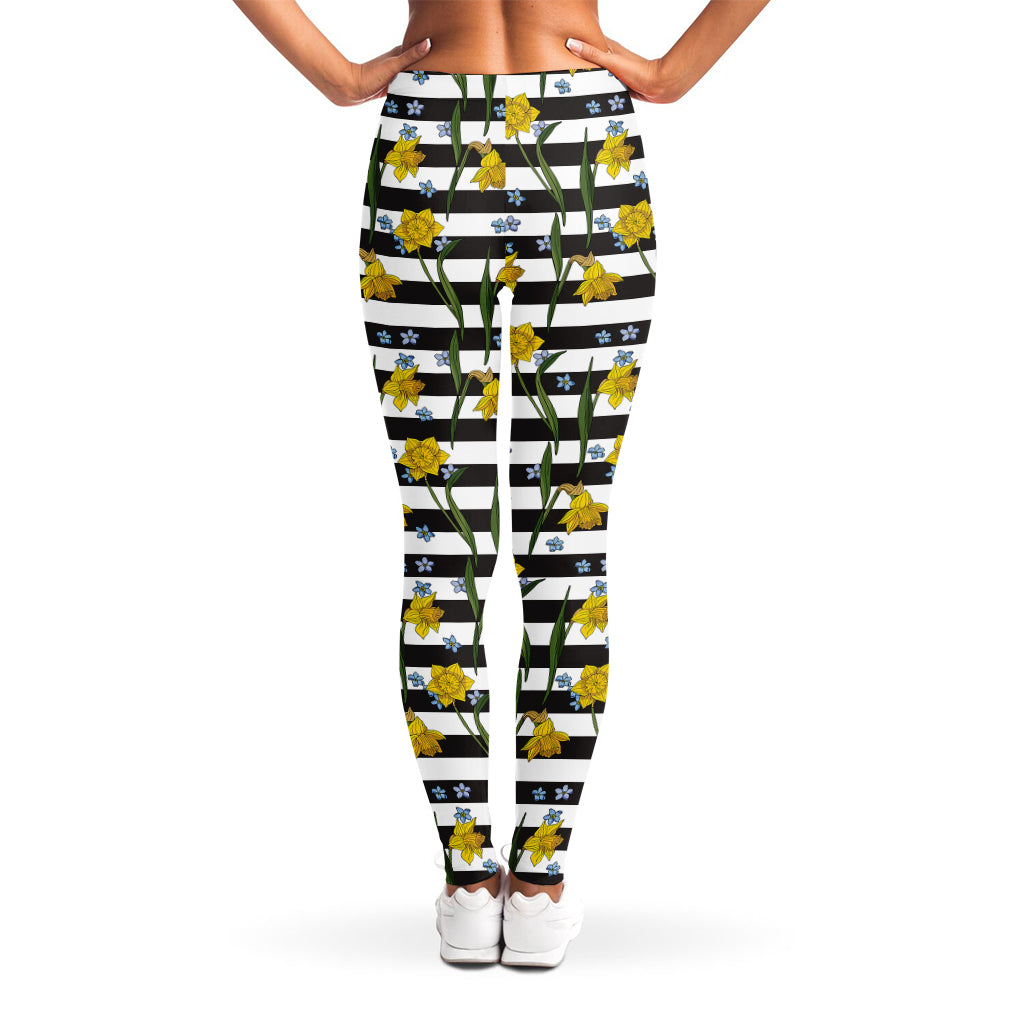 Yellow Daffodil Striped Pattern Print Women's Leggings