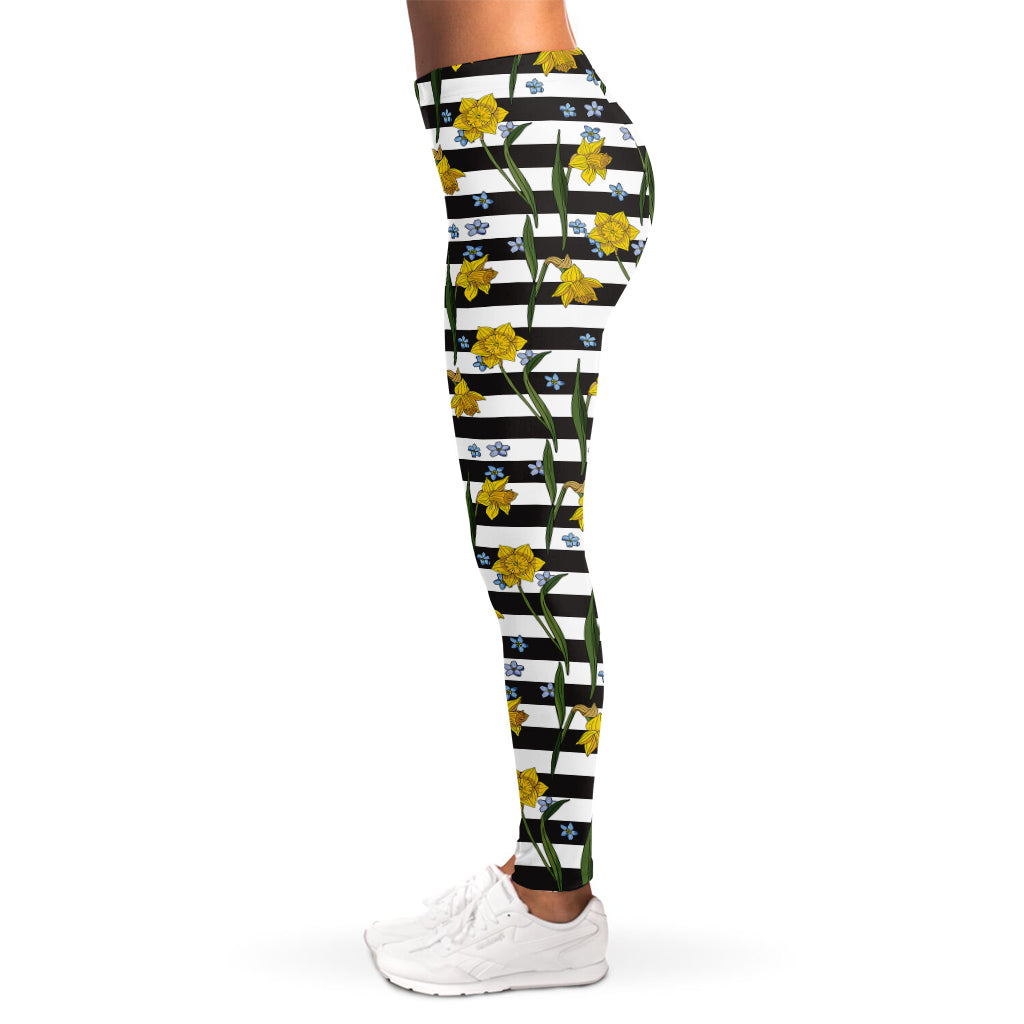 Yellow Daffodil Striped Pattern Print Women's Leggings