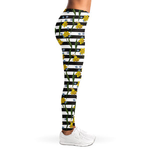 Yellow Daffodil Striped Pattern Print Women's Leggings