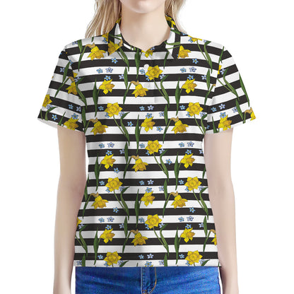 Yellow Daffodil Striped Pattern Print Women's Polo Shirt