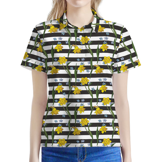 Yellow Daffodil Striped Pattern Print Women's Polo Shirt