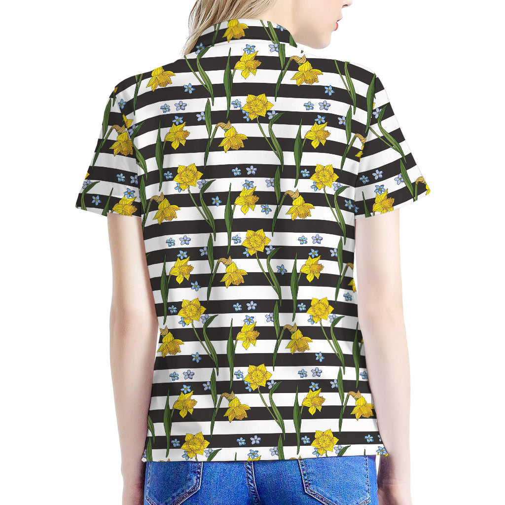 Yellow Daffodil Striped Pattern Print Women's Polo Shirt