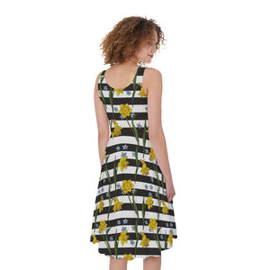 Yellow Daffodil Striped Pattern Print Women's Sleeveless Dress