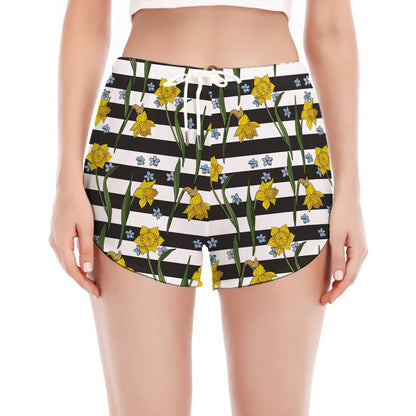 Yellow Daffodil Striped Pattern Print Women's Split Running Shorts
