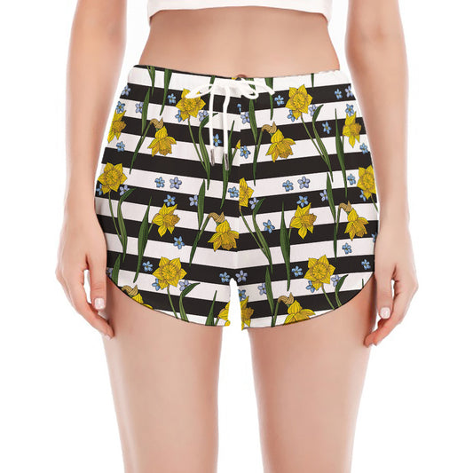 Yellow Daffodil Striped Pattern Print Women's Split Running Shorts