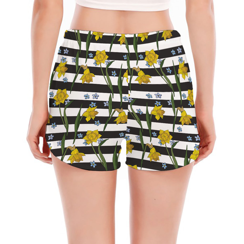 Yellow Daffodil Striped Pattern Print Women's Split Running Shorts