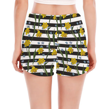 Yellow Daffodil Striped Pattern Print Women's Split Running Shorts