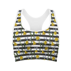 Yellow Daffodil Striped Pattern Print Women's Sports Bra