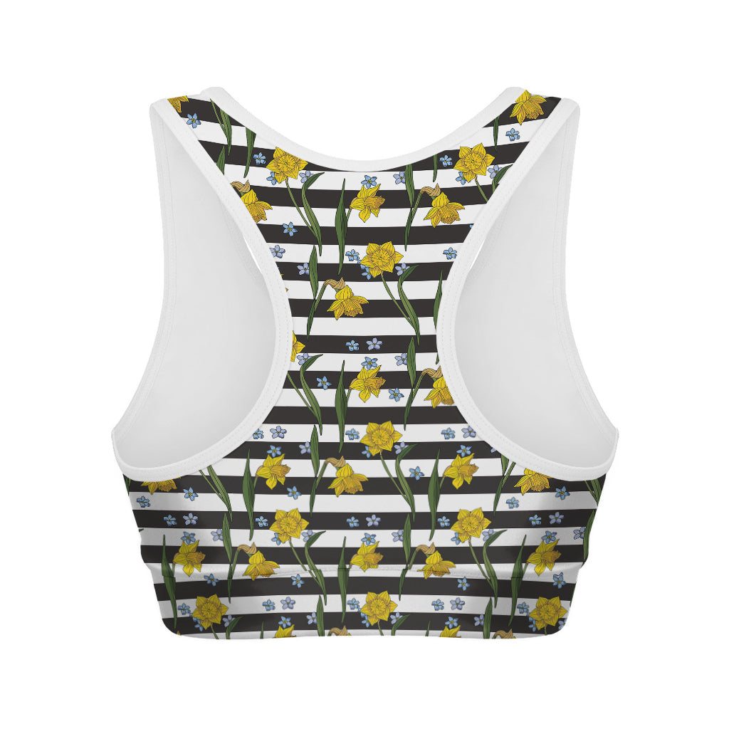 Yellow Daffodil Striped Pattern Print Women's Sports Bra