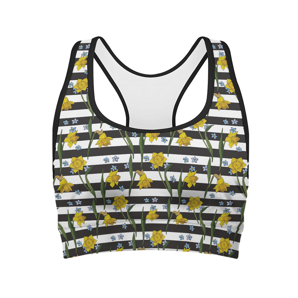 Yellow Daffodil Striped Pattern Print Women's Sports Bra
