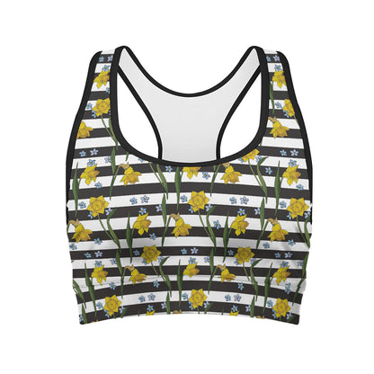 Yellow Daffodil Striped Pattern Print Women's Sports Bra