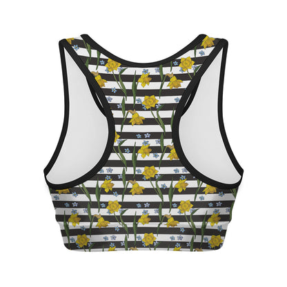 Yellow Daffodil Striped Pattern Print Women's Sports Bra