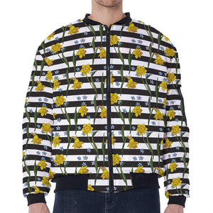 Yellow Daffodil Striped Pattern Print Zip Sleeve Bomber Jacket