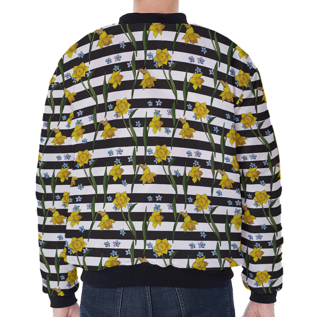 Yellow Daffodil Striped Pattern Print Zip Sleeve Bomber Jacket