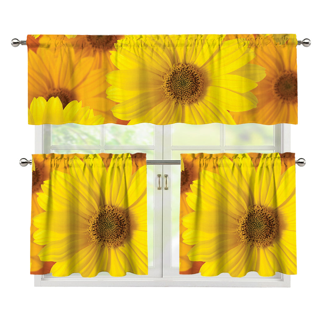 Yellow Daisy Flower Print 3 Piece Kitchen Curtains